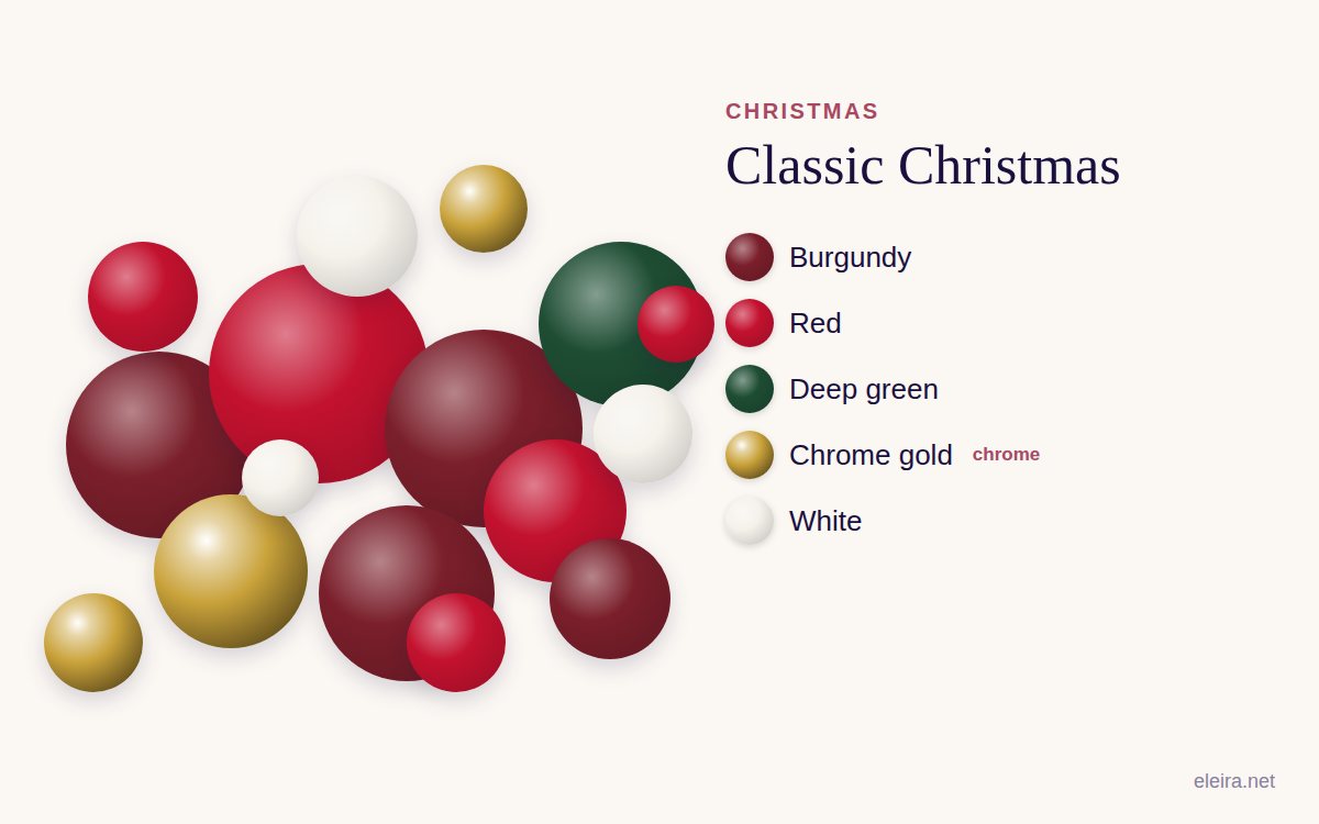 Classic Christmas palette: burgundy, red, deep green, chrome gold and white