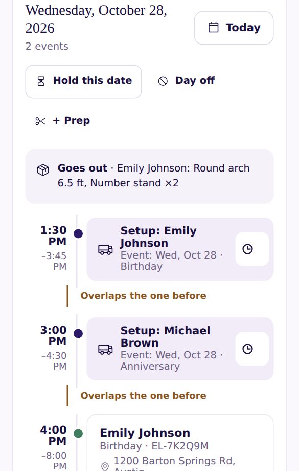The calendar for one day: stock going out, setup 1:30–3:45 PM and setup 3:00–4:30 PM with an “Overlaps the one before” note