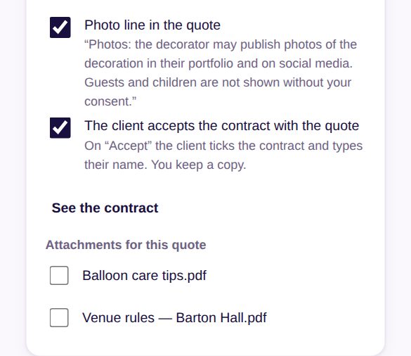 Quick Quote: Photo line in the quote and The client accepts the contract with the quote ticked, See the contract, and attachments for this quote