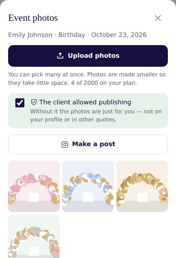 Event photos: an Upload photos button, The client allowed publishing ticked, a Make a post button and four photos