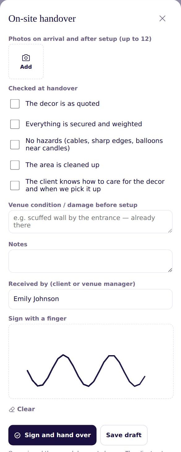 On-site handover: photos, checks, venue condition, notes, received by, a finger signature and Sign and hand over and Save draft buttons
