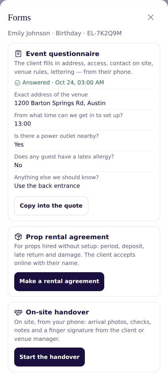 The Forms window for one quote: an answered event questionnaire, a prop rental agreement and an on-site handover