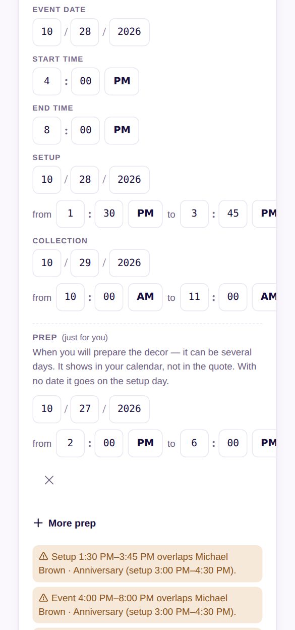 Quick Quote, Event section: date, start and end time, setup 1:30–3:45 PM, collection the next day 10–11 AM, prep the day before 2–6 PM and overlap warnings