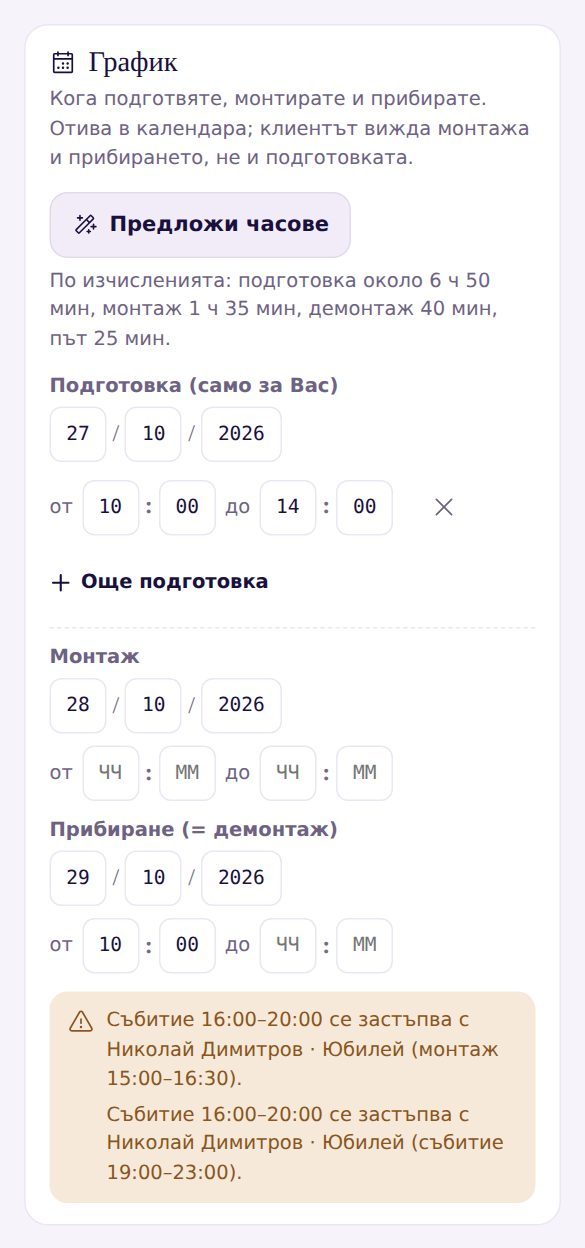 Картата „График“ в калкулатора: бутон „Предложи часове“, изчисленото време, подготовка, монтаж и прибиране с дати и часове, предупреждения за застъпване